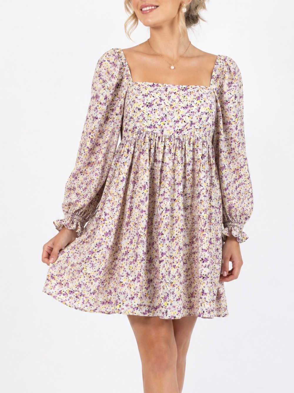 Storia Cream Ditsy Floral Puff Sleeve Cottagecore Babydoll Mini Dress MEDIUM